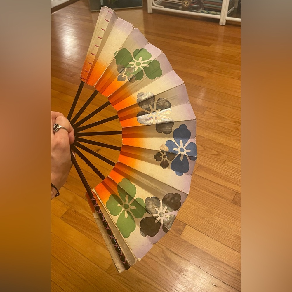 Vintage Odori Fan Sensu metallic flowers floral folding sunset leaves Japanese